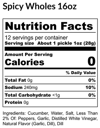 nutrition facts and ingredients for spicy whole pickles