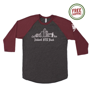 red and dark grey mcclure's detroit bites back baseball shirt